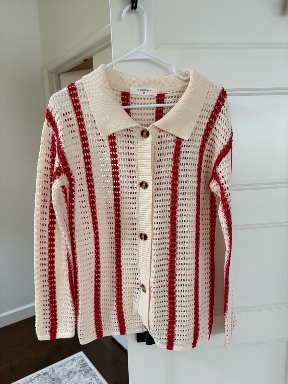 Commense Cream & Red Striped Open Knit Collared Cardigan Sweater Small